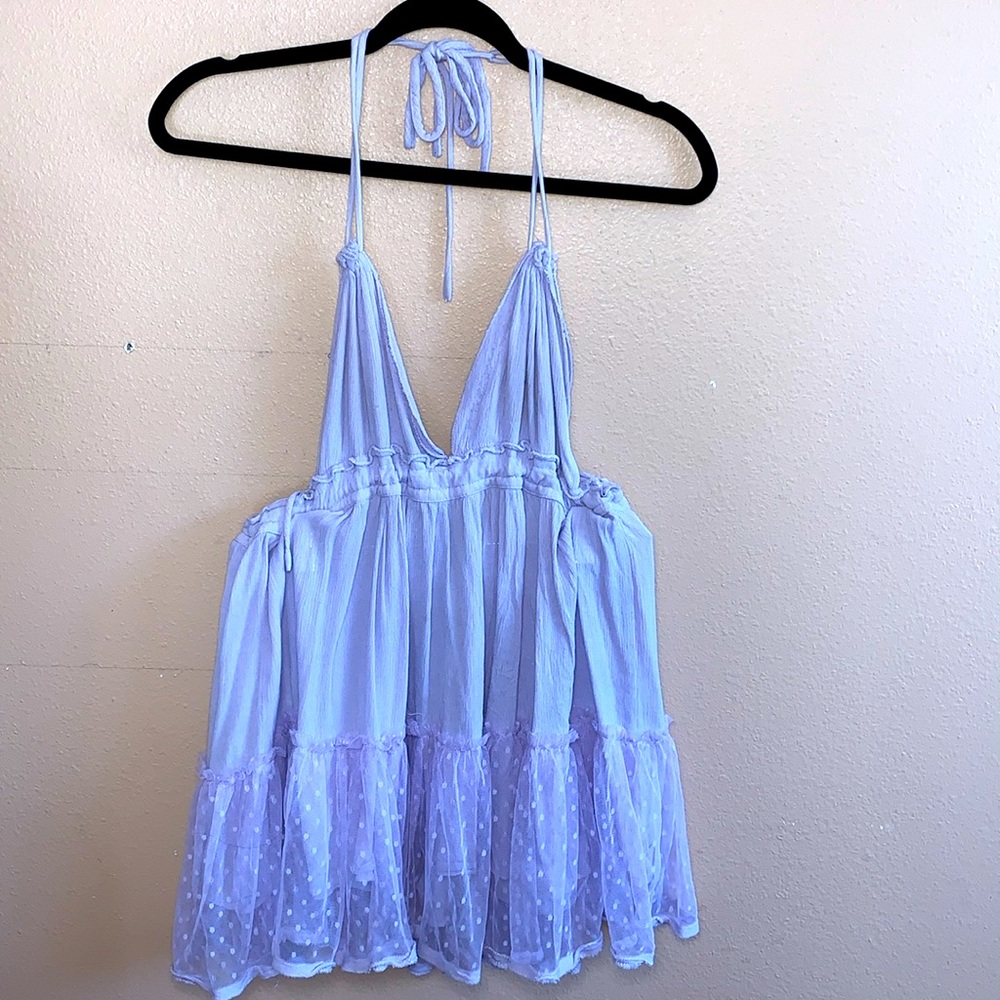 Free People 100 Degree Purple Cotton Sheer Lace Ruffle Halter Mini Sun Dress M